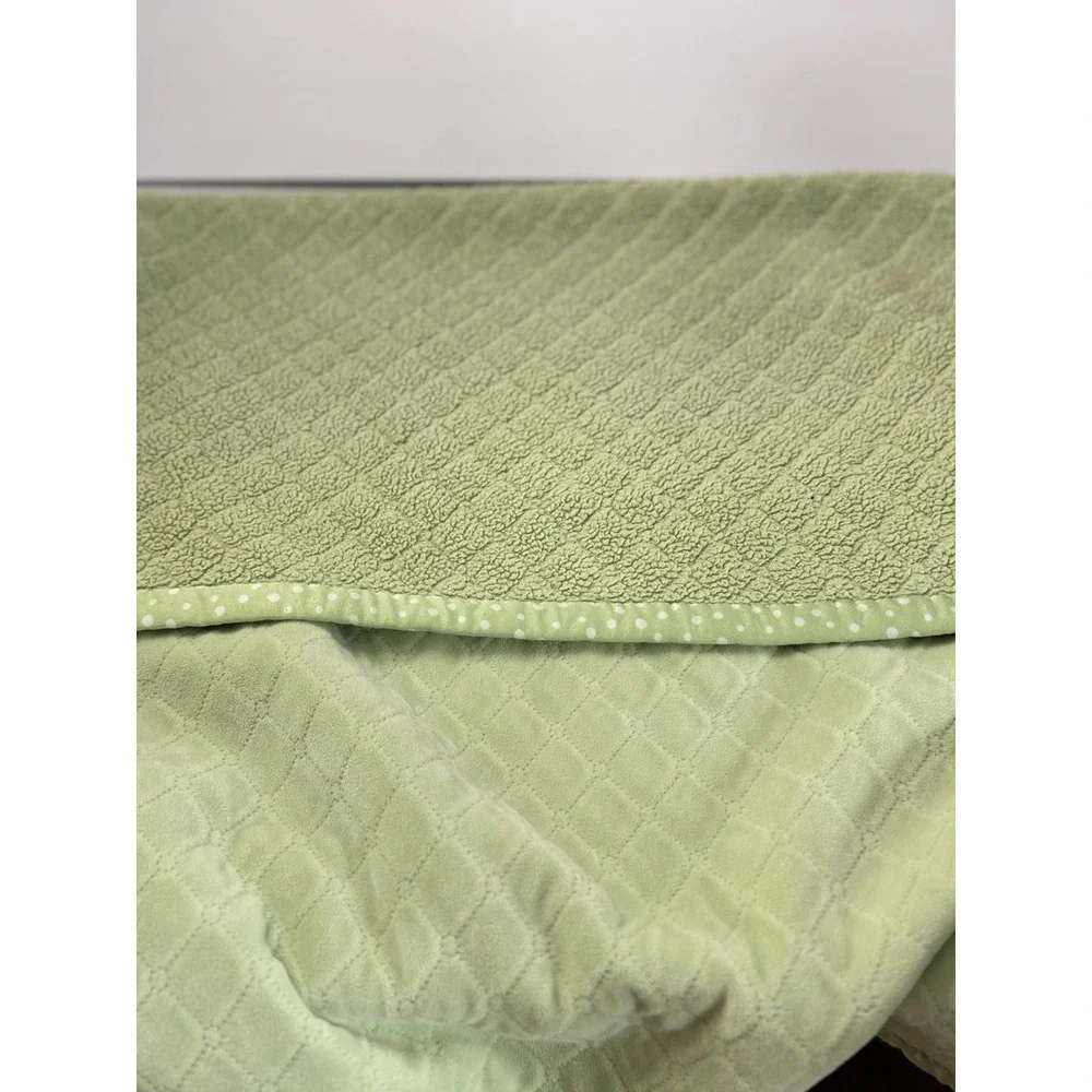 Pottery Barn Kids Sage Green Baby Blanket Embossed Diamonds Polka Dot Satin Trim